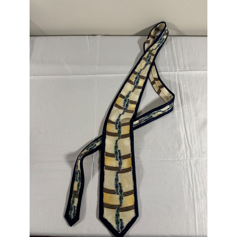 Fratello Hand Made Mens Tie Cream Yellow Navy Blue Geometric Abstract Striped